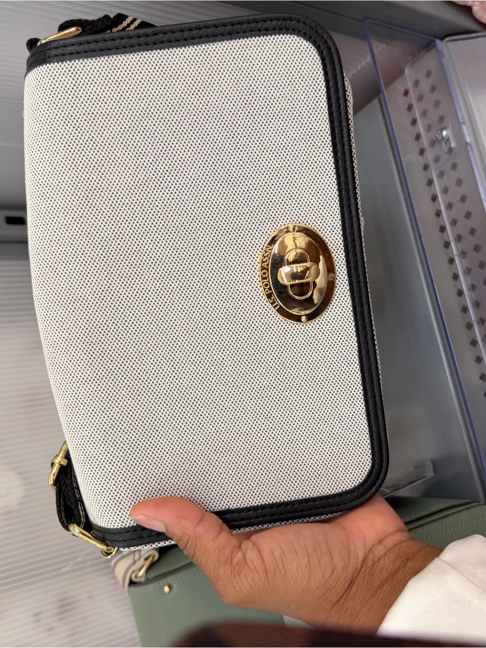 Canvas Crossbody Bag with Gold Turn-Lock - White/Black